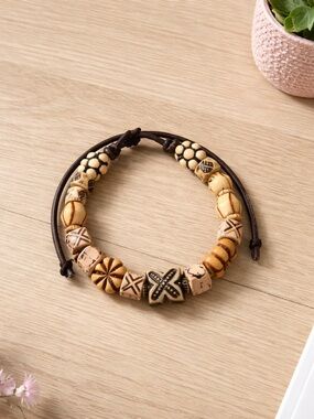 Handmade Beaded Leather Bracelet in Beige and Brown